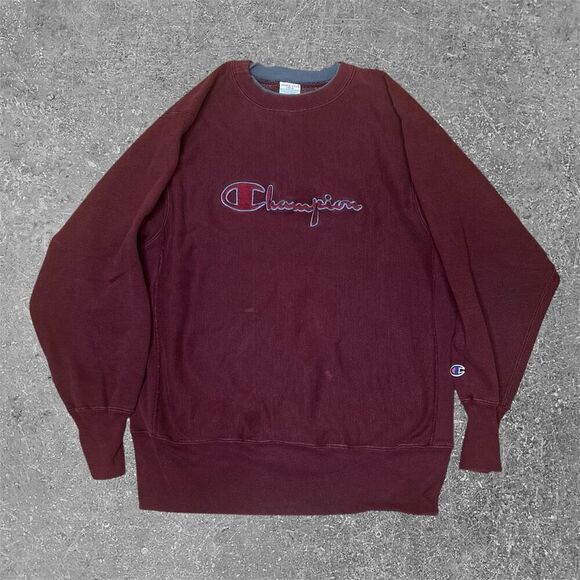 Vintage VTG 90s Champion Reverse Weave Burgundy Sweatshirt Large Made In USA - Picture 1 of 6